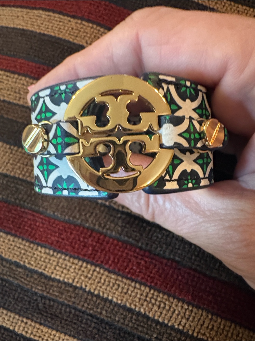 Tory Burch Green, White & Black Printed Leather Logo Cuff with Gold Logo